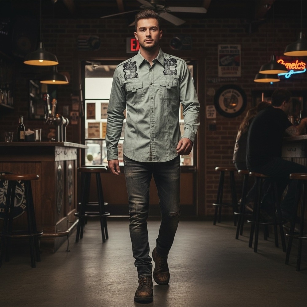 Roar Mens Embroidered Eagle Crest Button Down Shirt Green Mineral Wash W211495BC